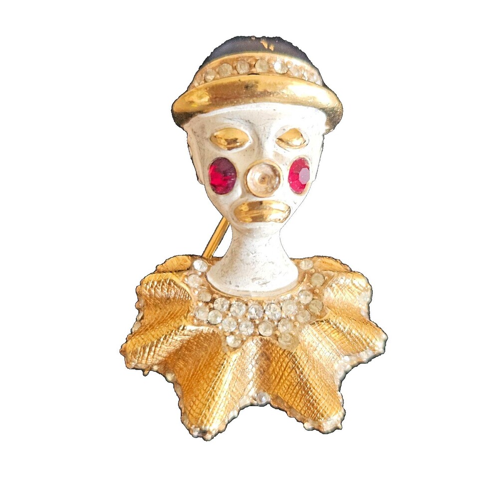Vintage CINER Clown Brooch Figural Gold Tone Rhinestone Enamel Signed 1950s